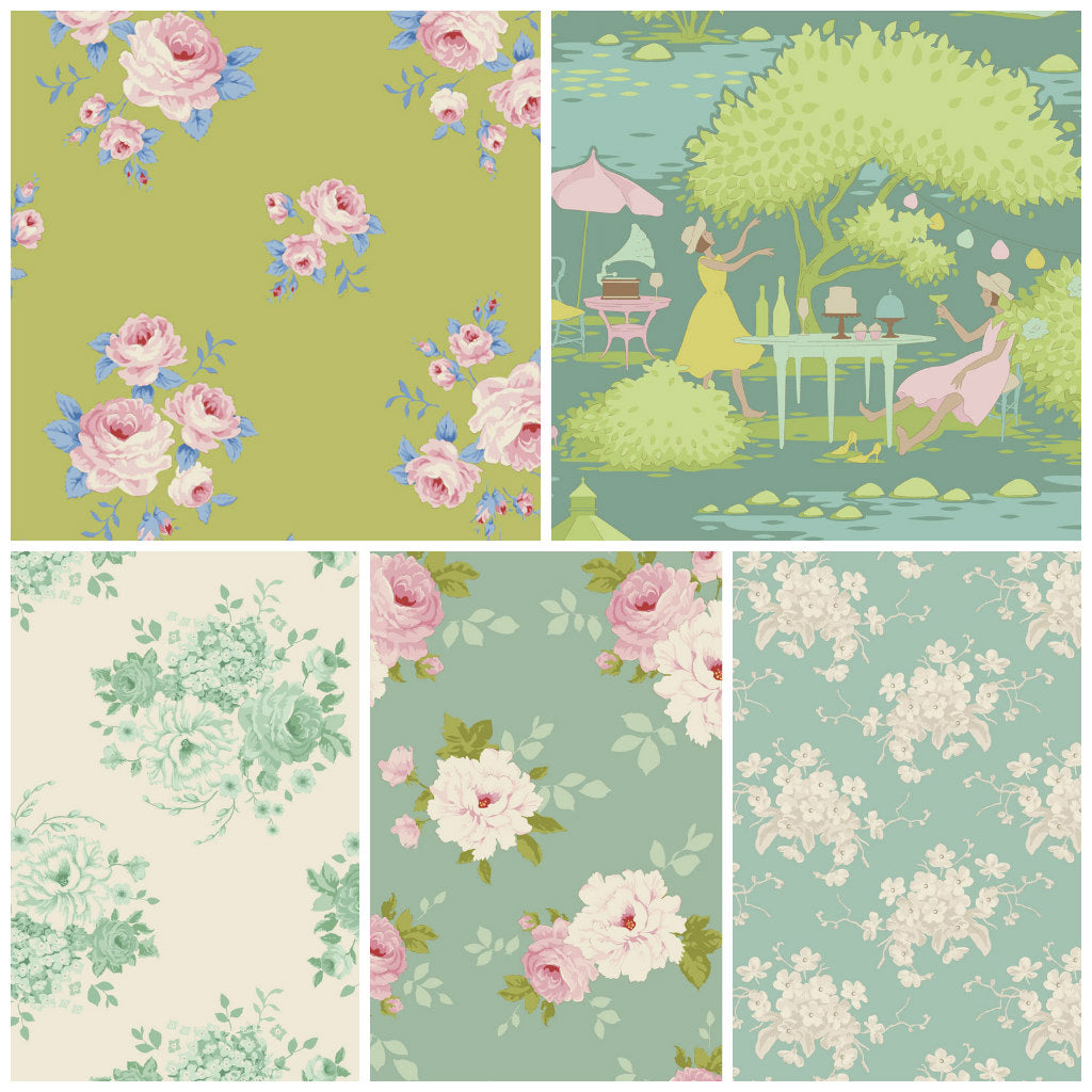 Floral fabric fat quarters, yellow-green base with roses and garden-themed panel