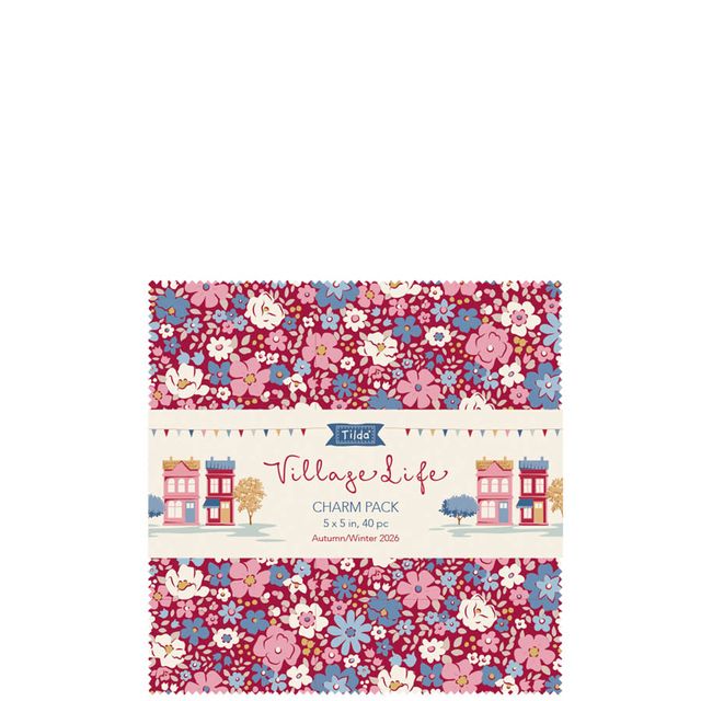 Floral fabric charm squares pack with blue, pink, and red flowers in a 5" bundle