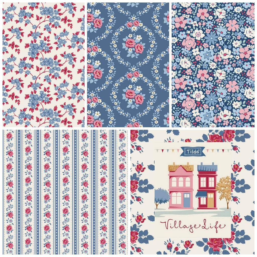 Multiple floral fat quarter prints: blue, pink, stripes, and house panel squares