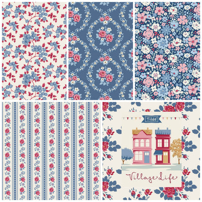 Multiple floral fat quarter prints: blue, pink, stripes, and house panel squares