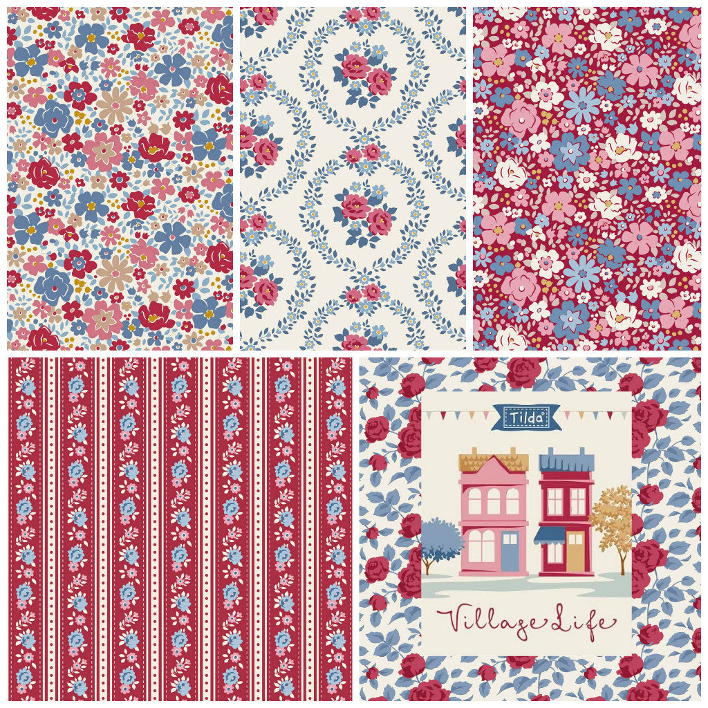 Assorted floral and striped fat quarters in burgundy, blue, and white