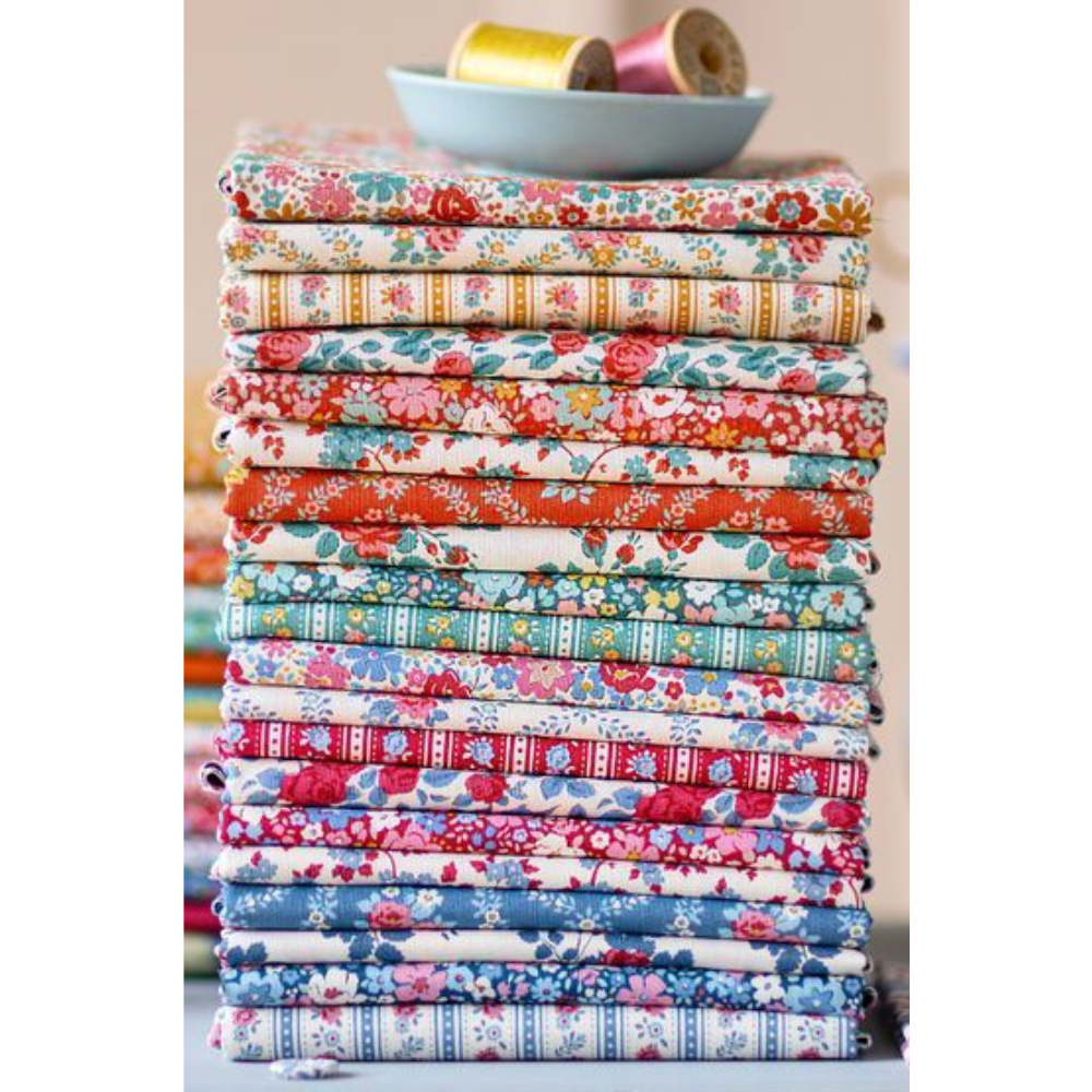 Fabric fat eighth bundle stack with colorful floral and stripe prints