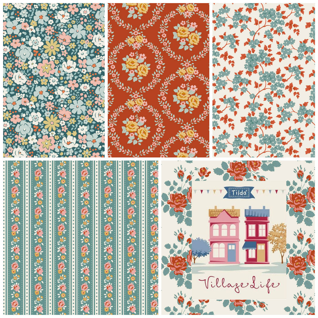Floral and stripe fabric fat quarters in teal, orange, and cream, shown in a layout