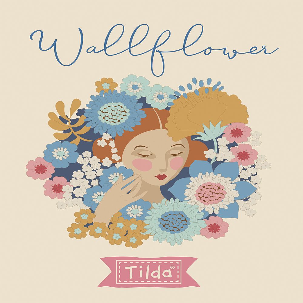 Wallflower charm pack fabric art with floral portrait illustration and Tilda label