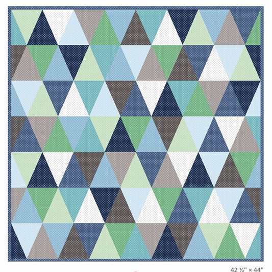 Triangle quilt block layout in blue, green, white, and gray