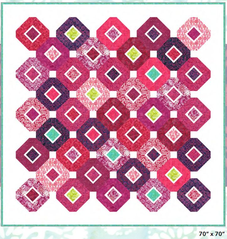 Quilt pattern with maroon, purple, pink, green and dark blocks in diamond layout