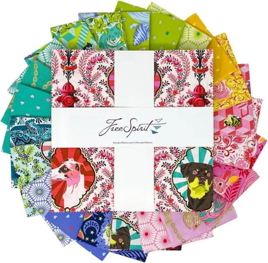 tula pink besties layer cake featuring colourful animal prints with bold patterns and vibrant tones