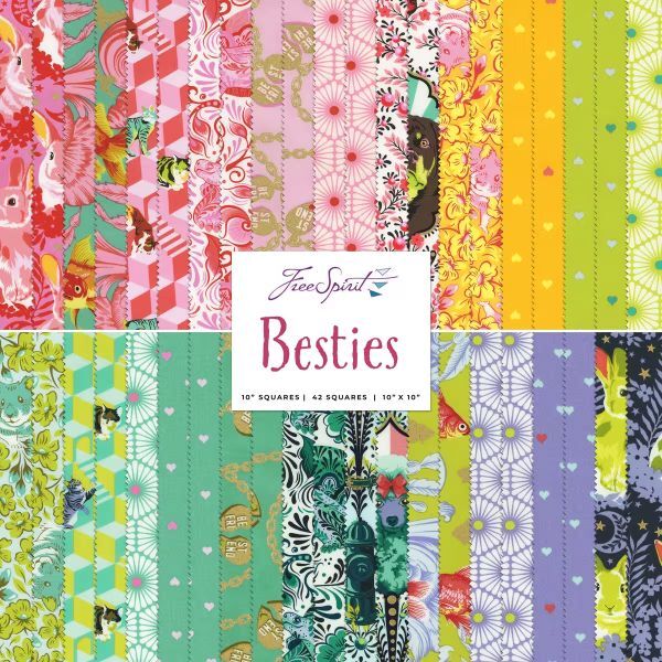 besties by tula pink 10 inch fabric squares with playful animal designs and bright quilting colours