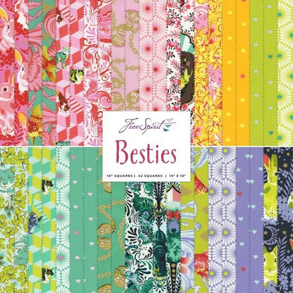 besties by tula pink 10 inch fabric squares with playful animal designs and bright quilting colours