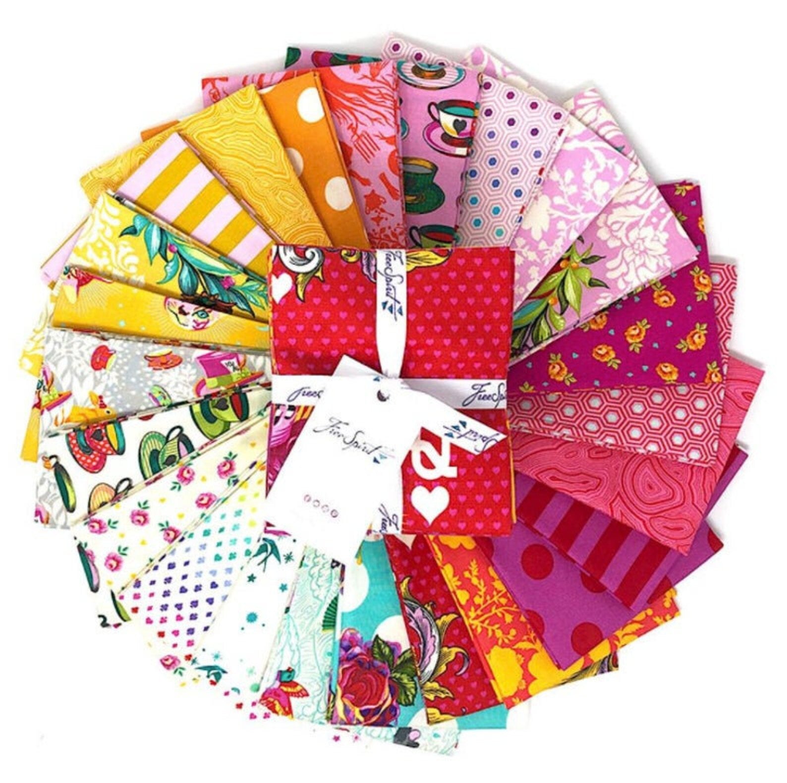 Collection of colorful fabric swatches arranged in a circular pattern on a white background.