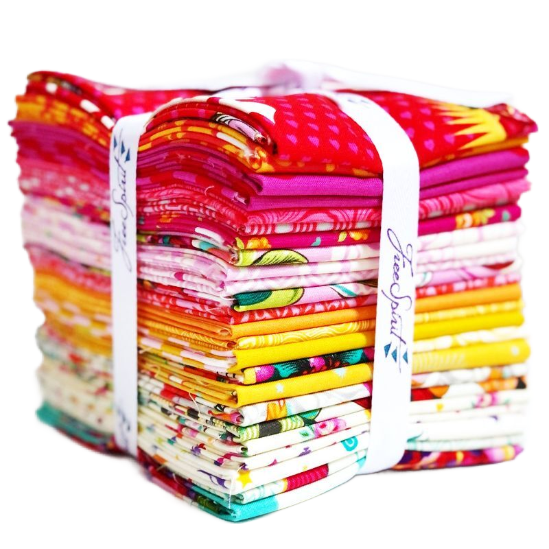 Tula Pink Curiouser Wonder Fat Quarter Bundle with bold fantasy prints, florals, characters and novelty quilting fabrics designed for patchwork and sewing projects.