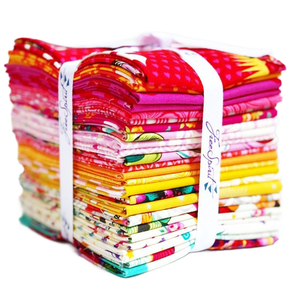 Tula Pink Curiouser Wonder Fat Quarter Bundle with bold fantasy prints, florals, characters and novelty quilting fabrics designed for patchwork and sewing projects.