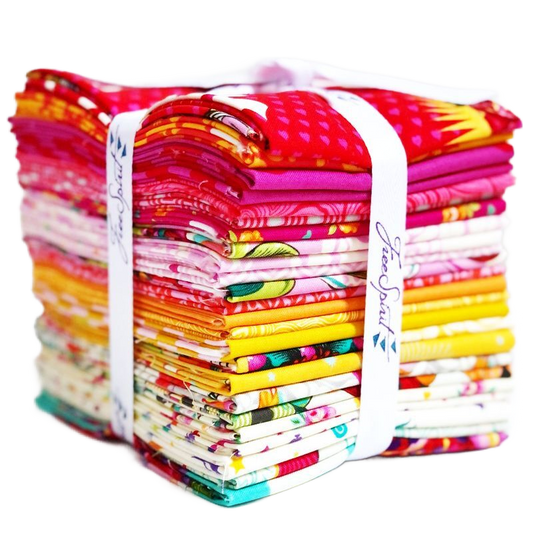 Tula Pink Curiouser Wonder Fat Quarter Bundle with bold fantasy prints, florals, characters and novelty quilting fabrics designed for patchwork and sewing projects.