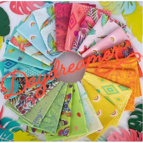 Colorful fabric swatches arranged in a circular pattern with 'Daydreamer' branding.