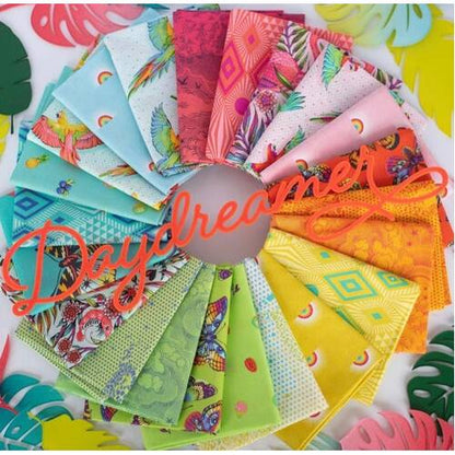 Colorful fabric swatches arranged in a circular pattern with 'Daydreamer' branding.
