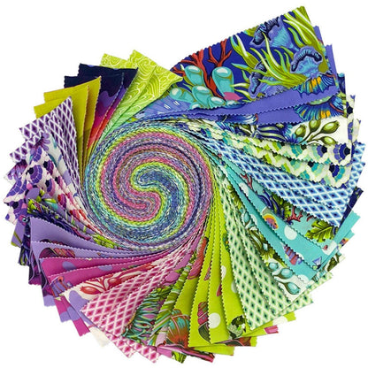 Collection of colorful fabric swatches arranged in a spiral pattern on a white background.