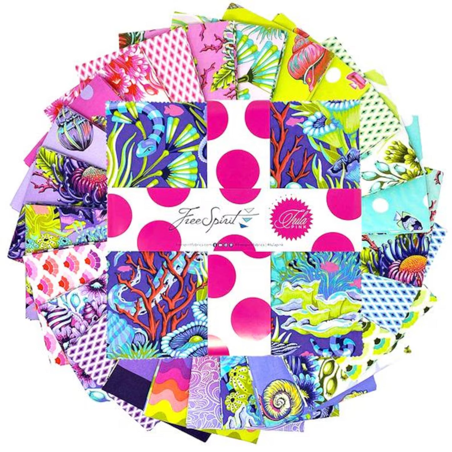 Collection of colorful fabric squares with a 'Free Spirit' label on a white background