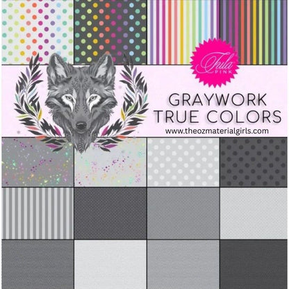 Collage of prints from the Graywork True Colors collection by Tula Pink with spots, stripes and geometrics