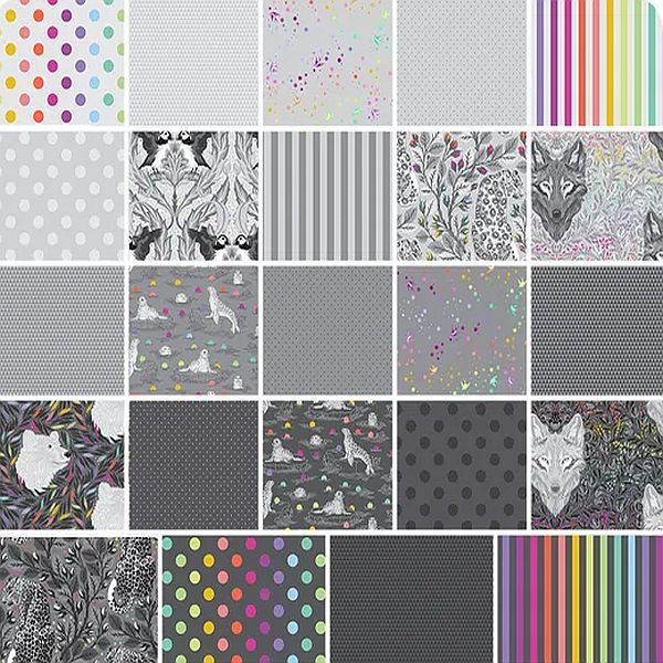 Grid of various fabric patterns including polka dots, stripes, and animal designs.