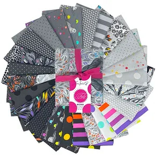 Tula Pink Graywork and True Colors Fat Quarter Bundle featuring 24 bold monochrome and vibrant coordinating quilting fabrics.