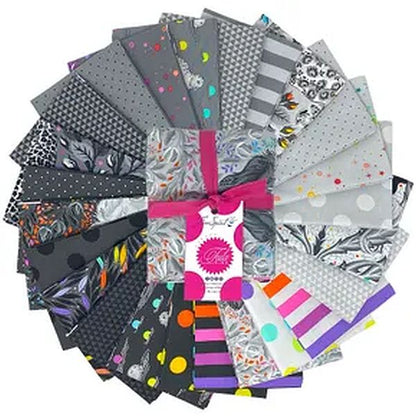 Tula Pink Graywork and True Colors Fat Quarter Bundle featuring 24 bold monochrome and vibrant coordinating quilting fabrics.