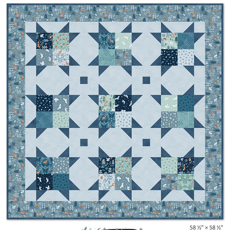 5-inch charm quilt pattern featuring blue and teal patchwork blocks with pine tree prints