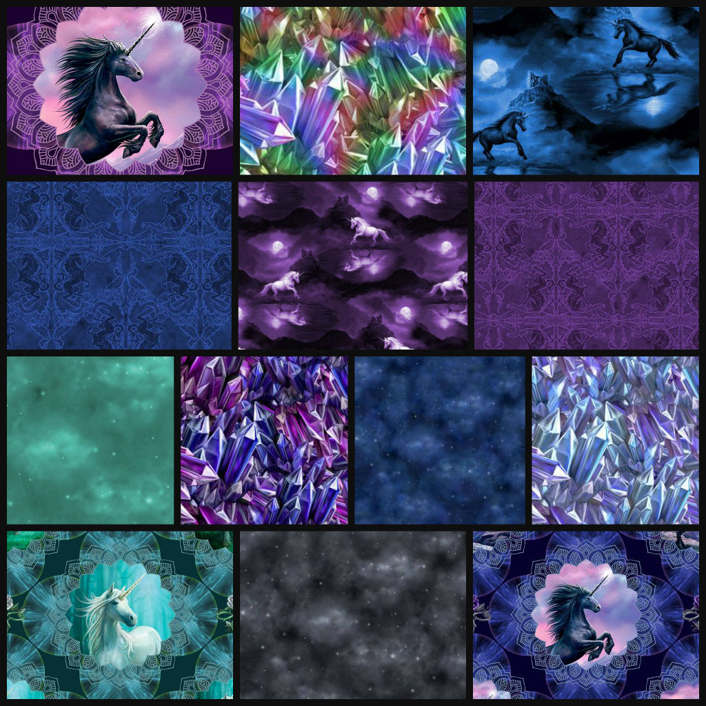 Collage of various fantasy-themed images including unicorns and crystals.