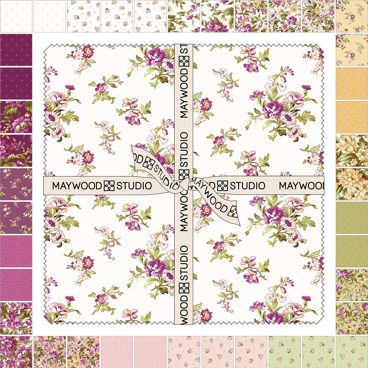 Floral fabric squares set, white with pink and purple flower vines, branded border