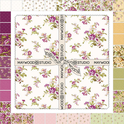 Floral fabric squares set, white with pink and purple flower vines, branded border