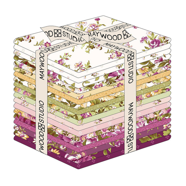 Maywood Studio floral fat quarter bundle, stacked folded fabric squares in purple, pink, green