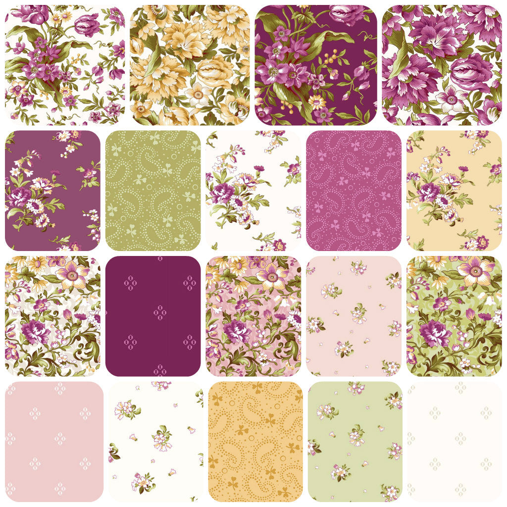 Mixed floral pattern charm squares, square set with purple and gold tones