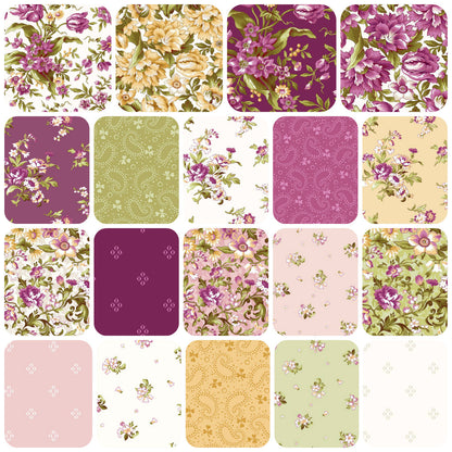 Mixed floral pattern charm squares, square set with purple and gold tones