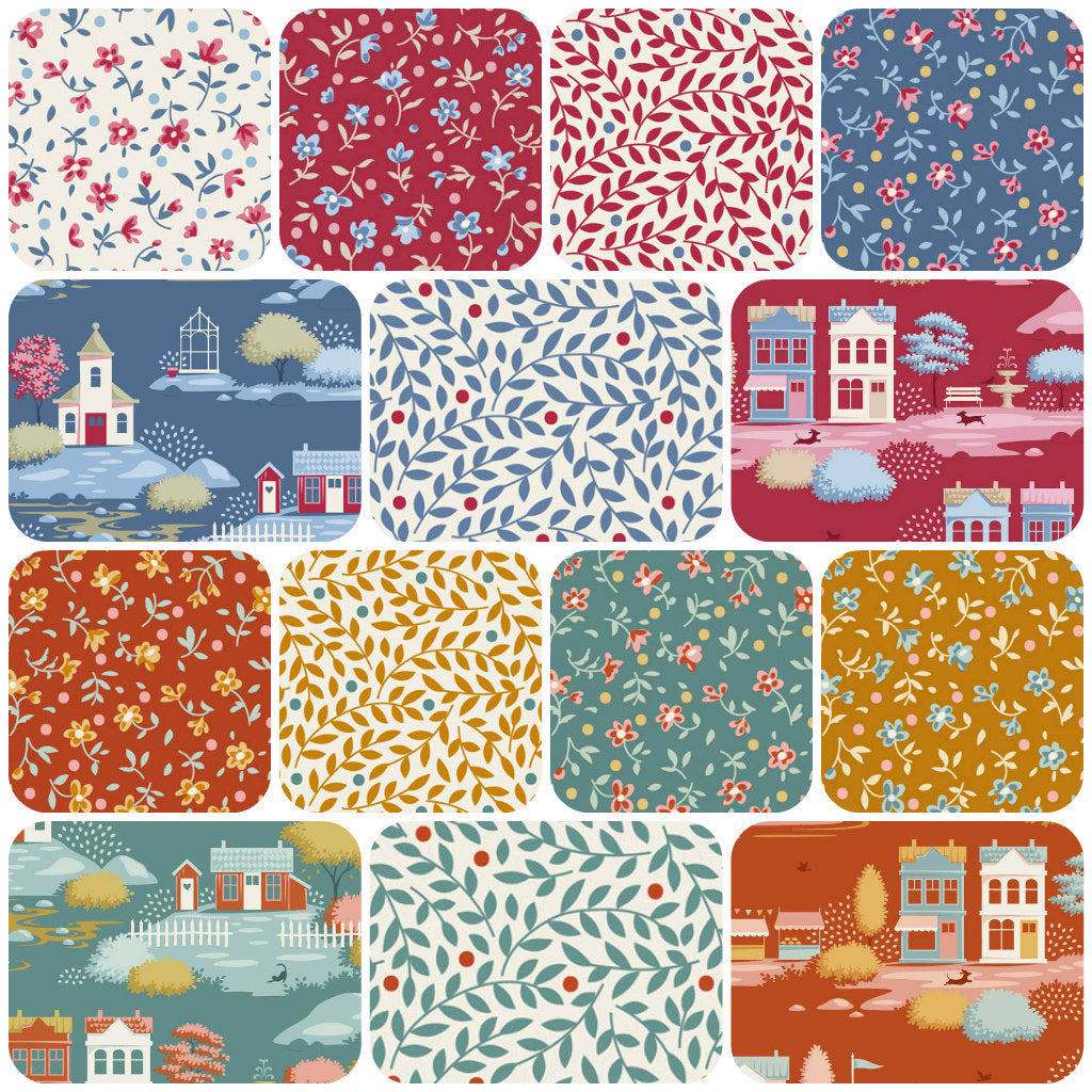 Fabric fat quarter bundle with red, blue, green floral and village house prints, folded squares