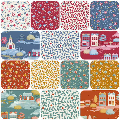 Fabric fat quarter bundle with red, blue, green floral and village house prints, folded squares