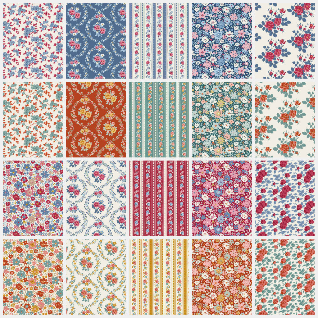 Assorted floral fabric charm squares in blue, pink, red, and cream patchwork layout