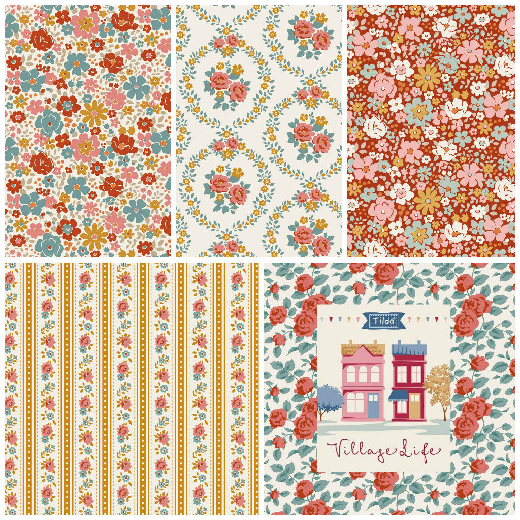Five rust, cream, and teal floral fat quarters with stripes and house-themed print