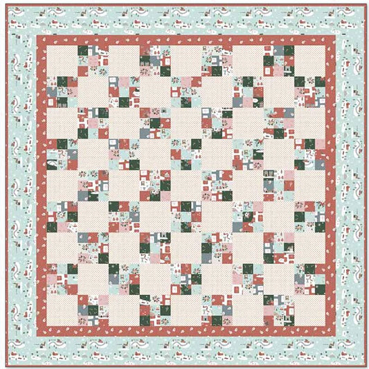 Nine-patch quilt pattern PDF with patchwork blocks in red, green, and cream